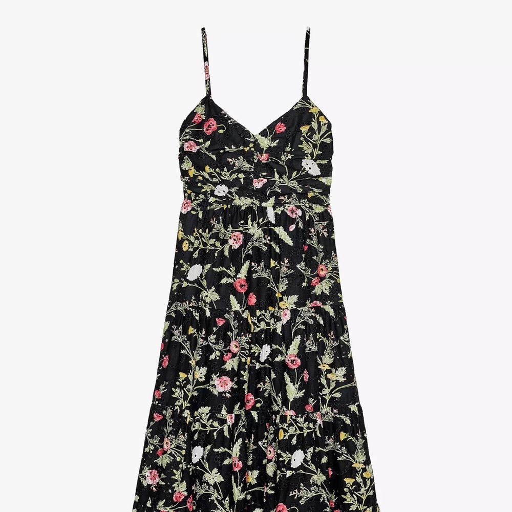 Zara Black Floral Midi Dress with Pink and Green Blooms